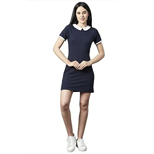 RIGO Women Solid Short Sleeve Bodycon Dress Navy Blue - ShopIMO