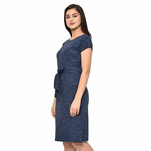 RIGO Blue Cotton Knited Self Textured Half Sleeves Knee Length Dress for Women (Medium) - ShopIMO