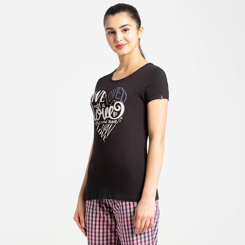 Jockey Women's Super Combed Cotton Elastane Stretch Regular Fit Graphic Printed Round Neck Half Sleeve T-Shirt - Black 1361 - ShopIMO