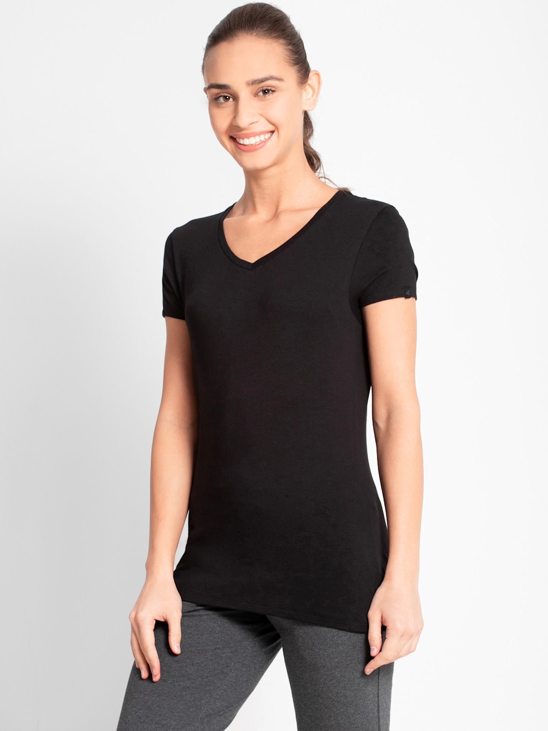 Jockey Women's Super Combed Cotton Elastane Stretch Regular Fit Solid V Neck Half Sleeve T-Shirt 1359 (M, XL) - ShopIMO