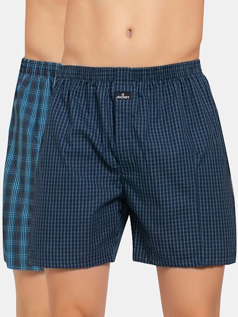 Jockey Men's Super Combed Mercerized Cotton Woven Checkered Boxer Shorts with Side Pocket - Multi Color Check 1223 (Pack of 2) - ShopIMO