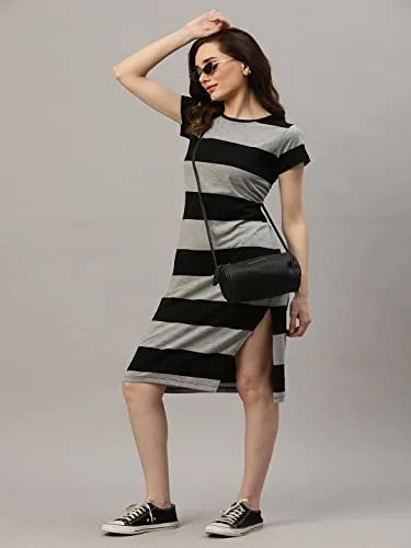 RIGO Women Black and Grey Horizontal Stripe Dress(Gray_M) - ShopIMO