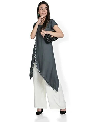 Fabclub Rayon Embroidered Asymmetric Designer Women Kurta With Palazzo (Grey) - ShopIMO