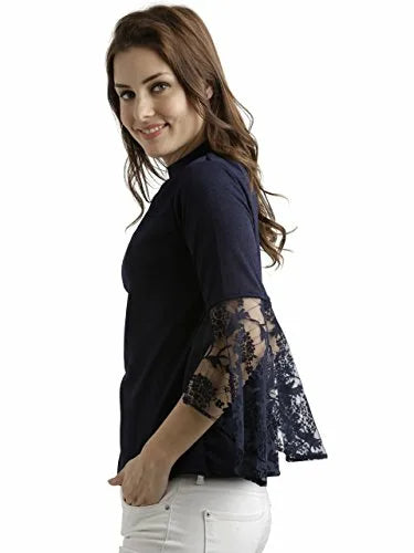 Miss Chase Women's Black Round Neck 3/4 Sleeves Solid Lace Semi Sheer Split Sleeve Choker Style Top - ShopIMO
