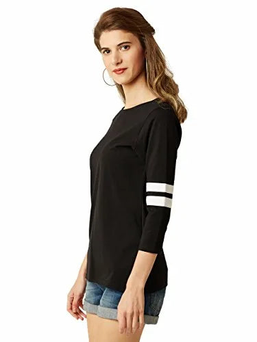 Miss Chase Women's Black Round Neck 3/4th Sleeves Solid Regular Basic Top - ShopIMO
