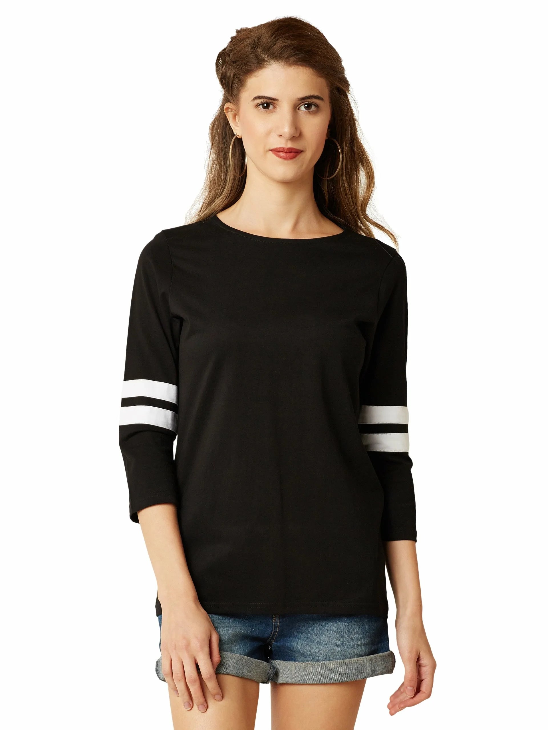 Miss Chase Women's Black Round Neck 3/4th Sleeves Solid Regular Basic Top - ShopIMO