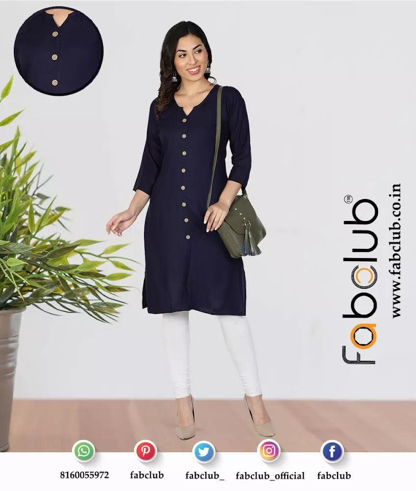 Fabclub Rayon Plain Solid Knee Length Front Slit Kurti for Women (Medium) - ShopIMO