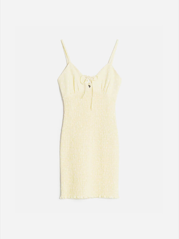 Dress with shirring and tie