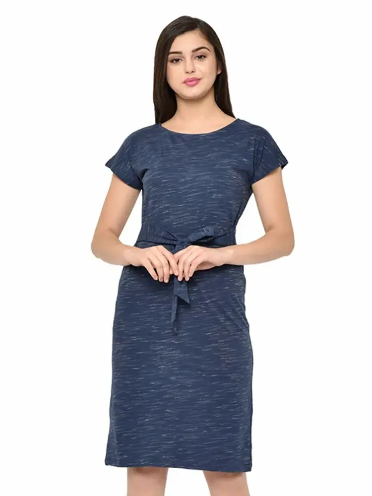 RIGO Blue Cotton Knited Self Textured Half Sleeves Knee Length Dress for Women (Medium)