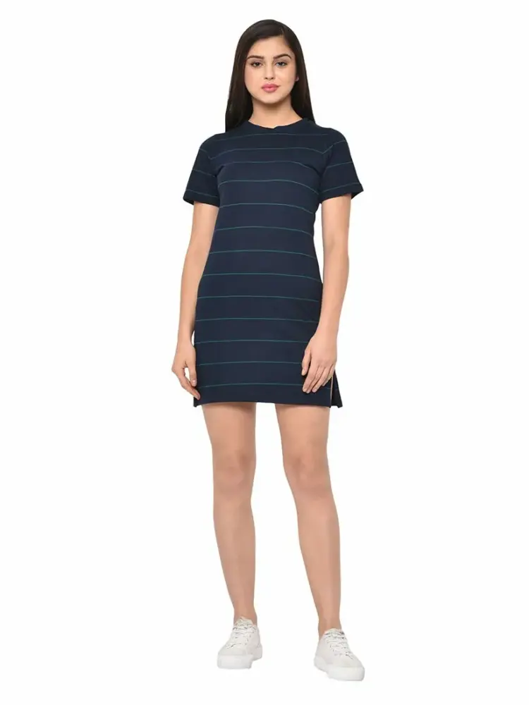RIGO Cotton Blend Stripped Midi Dress For Women (M, Navy)