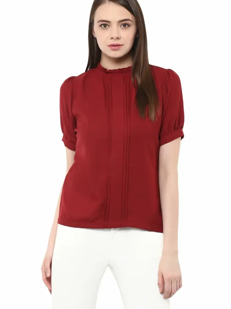 Miss Chase Women's Green High Neck Pleated Top