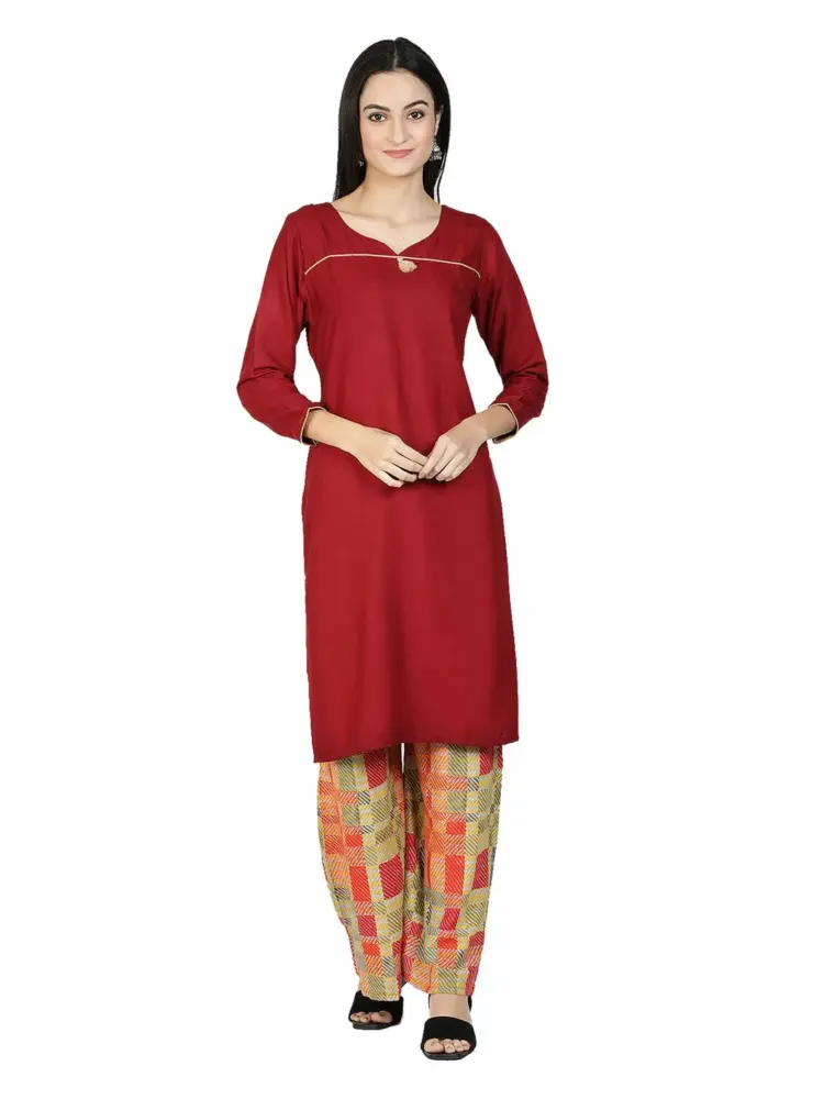 Fabclub Women Maroon Solid Plain Kurta With Multicolor Printed Palazzo