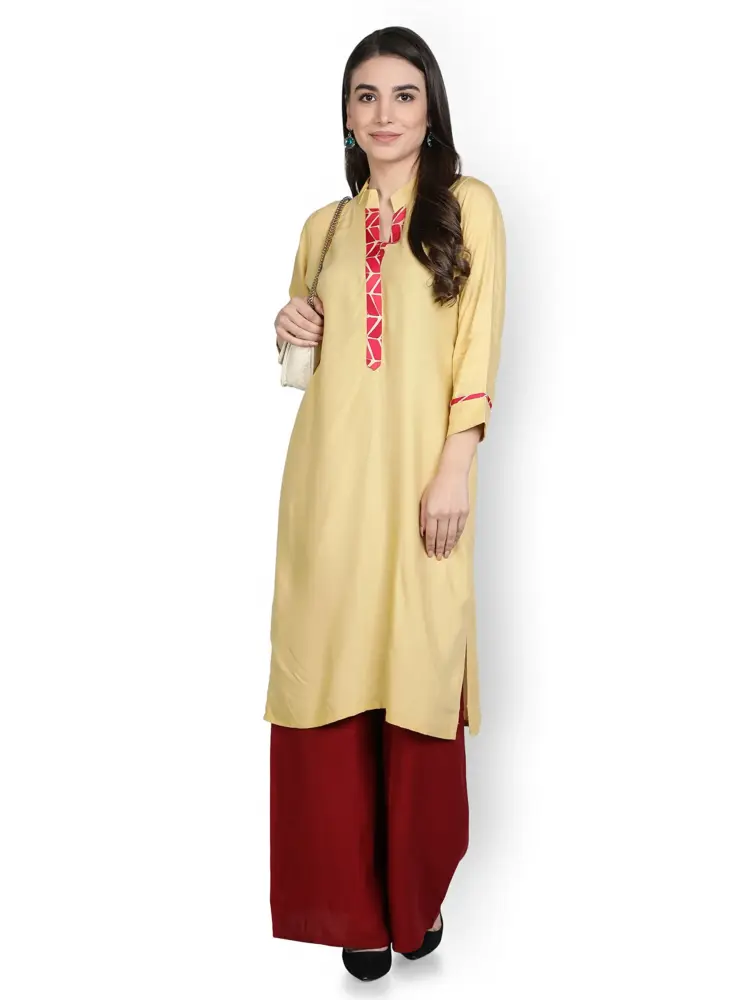 Fabclub Women Rayon Straight Kurta With Palazzo (Beige)