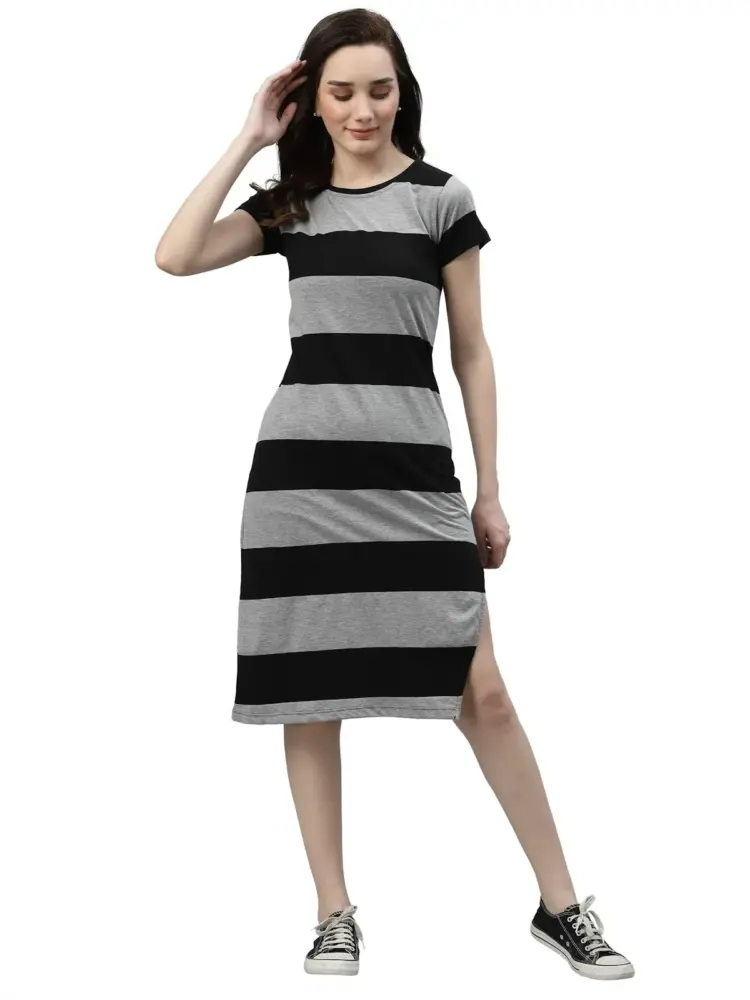 RIGO Women Black and Grey Horizontal Stripe Dress(Gray_M)