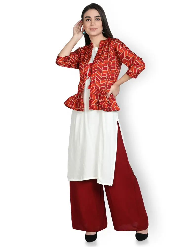 Fabclub Women Pleated Geometric Printed Jacket Kurta With Palazzo (Multi Color)