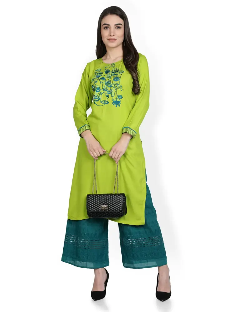 Fabclub Rayon Embroidered Straight Women Kurta With Chikan Palazzo (Lime Green)