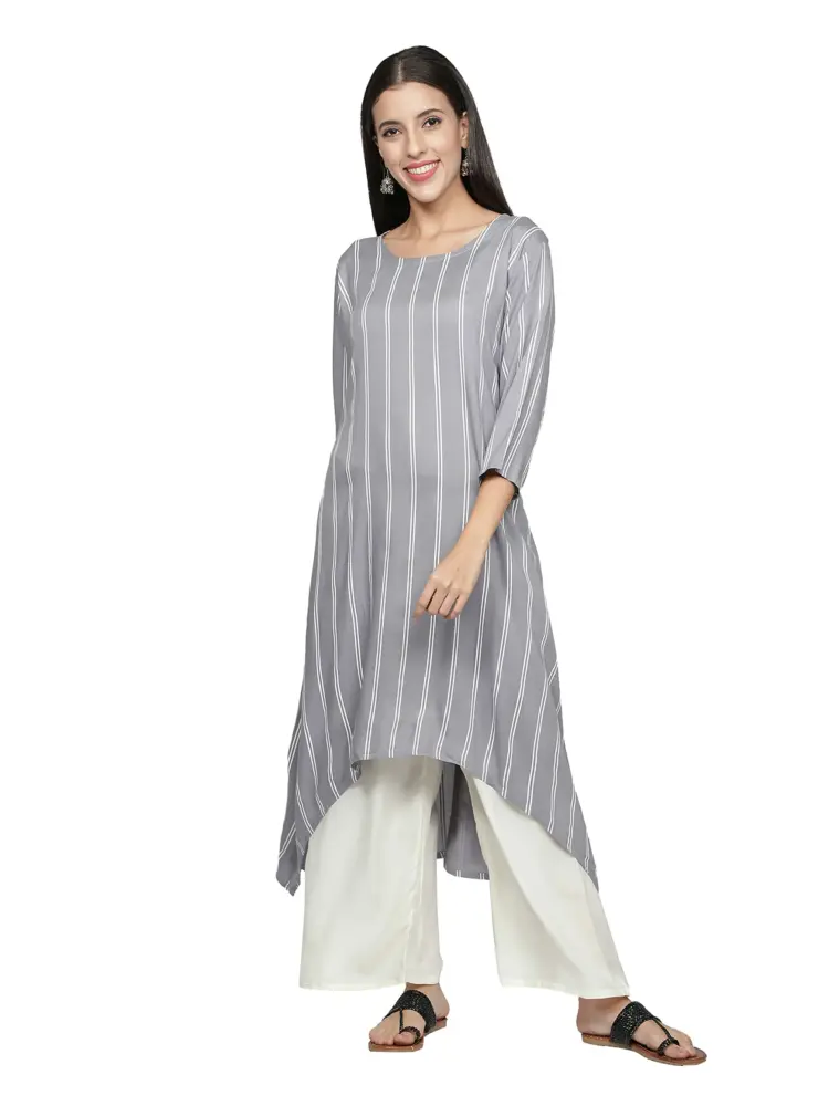 Fabclub Women Rayon Striped Asymmetric Flared Kurti With Palazzo (Grey)