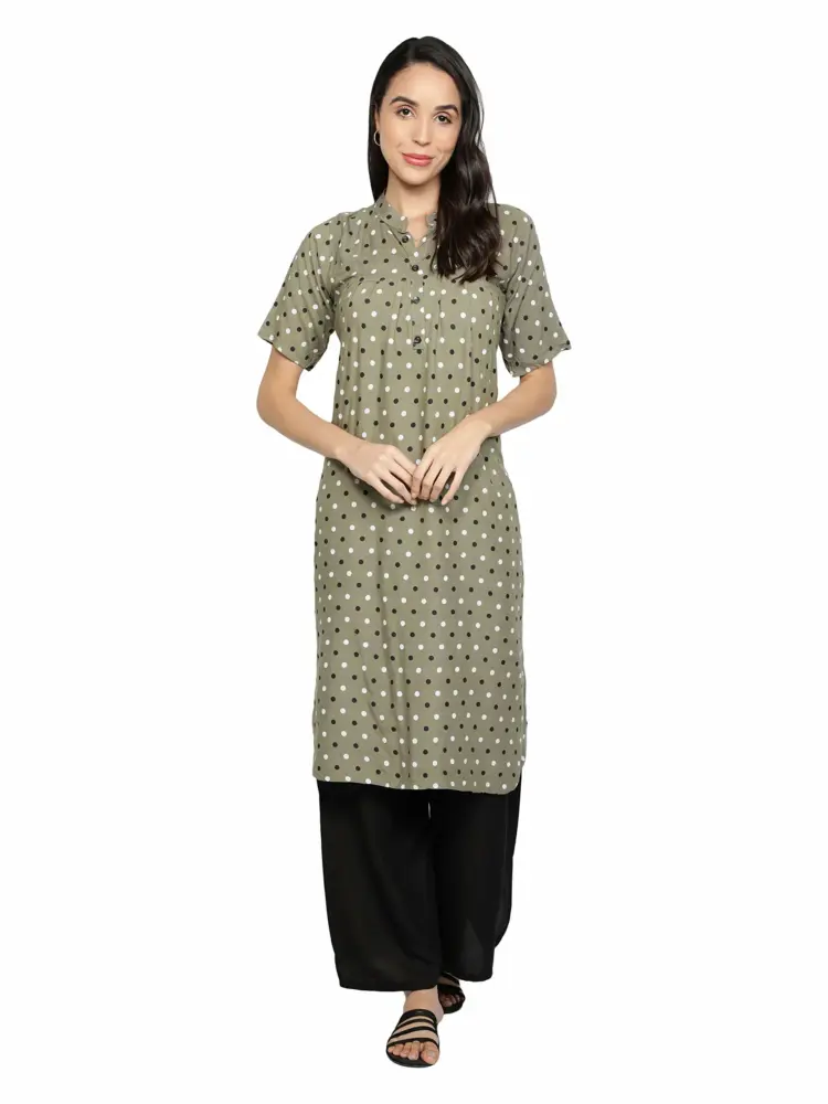 Fabclub Women Rayon Polka Dots Printed Flared Kurti With Palazzo (Green)