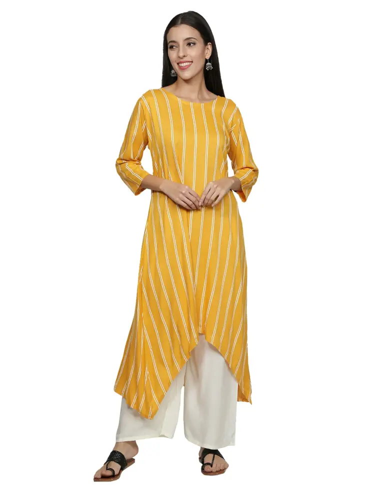 Fabclub Women Rayon Striped Asymmetric Flared Kurti With Palazzo (Mustard Yellow)
