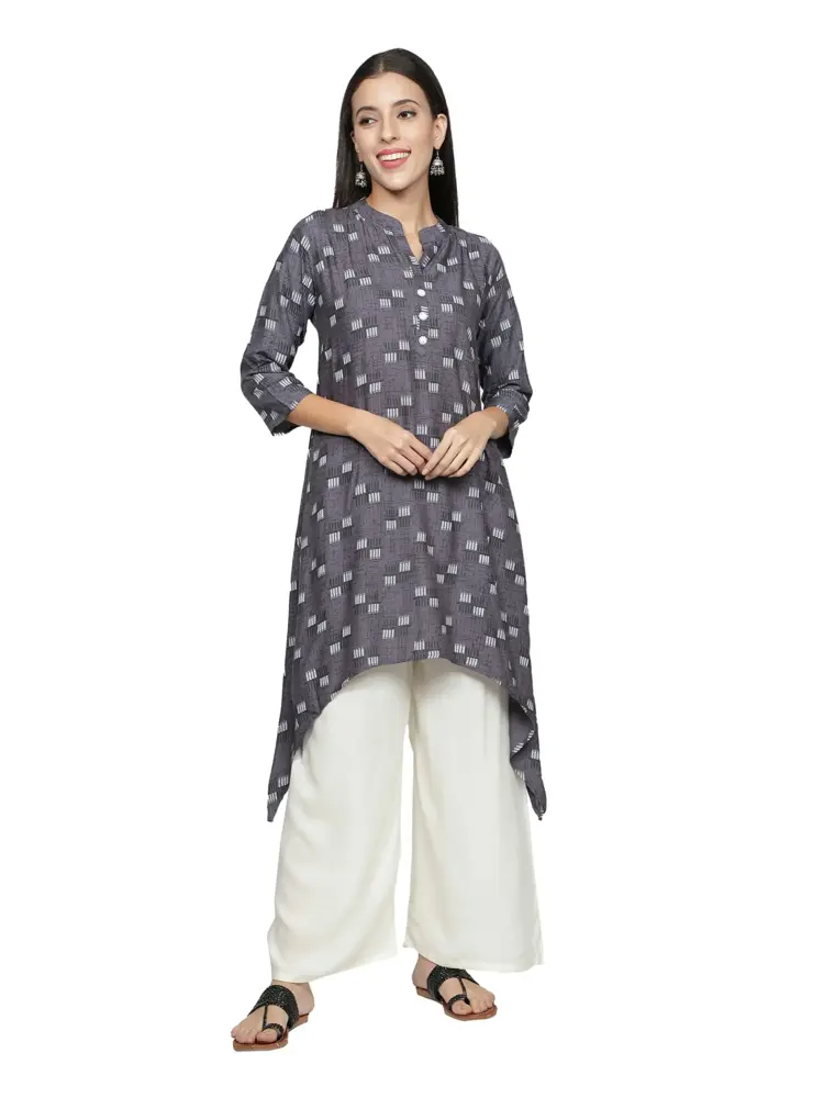 Fabclub Women Rayon Printed Asymmetric Kurti With Palazzo (Grey)