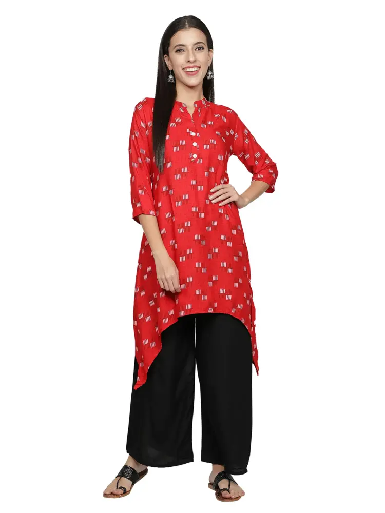 Fabclub Women Rayon Printed Asymmetric Kurti With Palazzo (Red)
