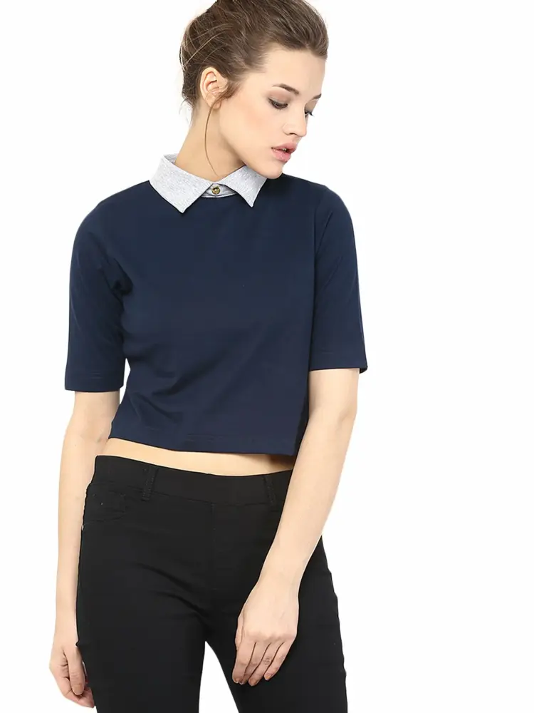Miss Chase Women's Navy Blue and Grey Collar Neck Half Sleeves Solid Boxy Crop Top