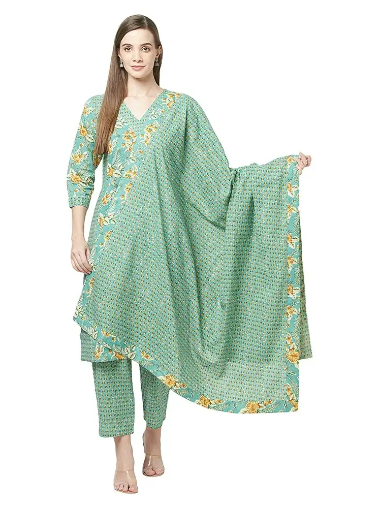 ERISHA Women's Pure Cotton Printed Kurta with palazzo and Dupatta