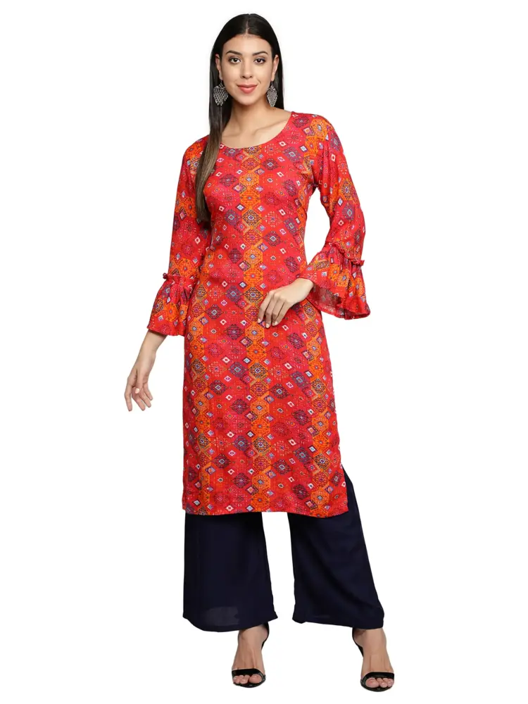 Fabclub Women's Rayon Slub Ethnic Printed Kurta With Palazzo (Pink)