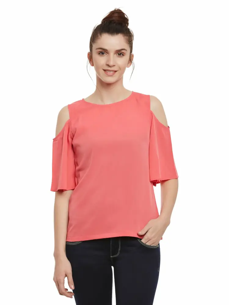 Miss Chase Women's Pink Solid Round Neck Half Sleeve Cold Shoulder Top