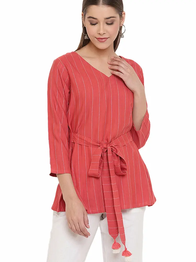 Janasya Women's Red Rayon A-Line Top