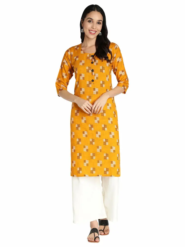 Fabclub Women Rayon Printed Straight Kurti With Palazzo (Mustard Yellow)