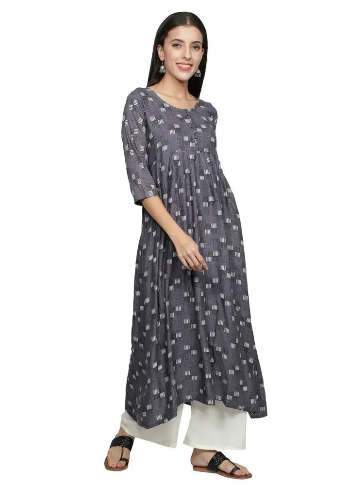 Fabclub Women Rayon Printed Flared Kurti With Palazzo (Grey)