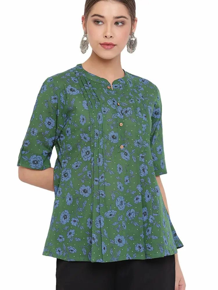 Janasya Women's Green Pure Cotton A-Line Top