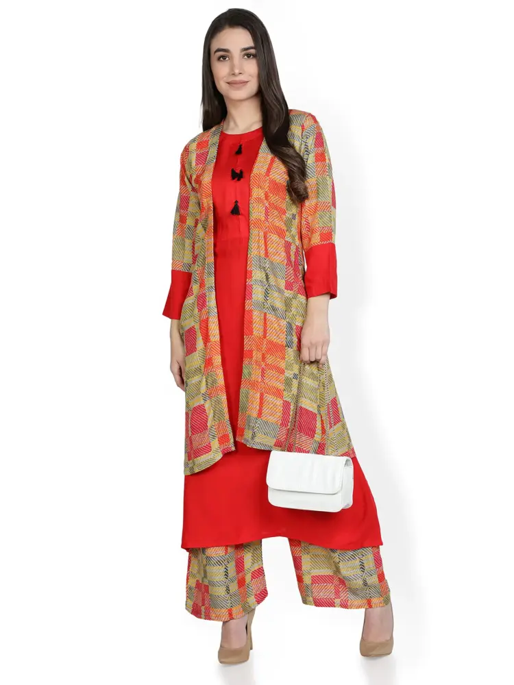 Fabclub Women's Heavy Rayon Printed Shrug Style Kurti With Palazzo (MultiColor)