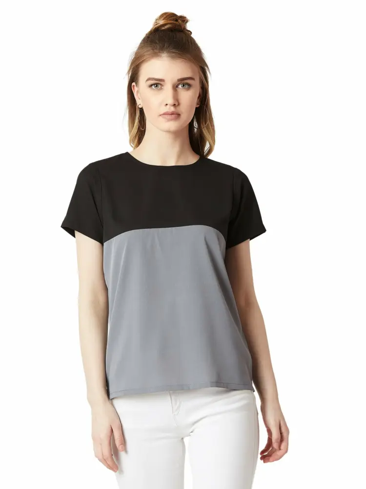 Miss Chase Women's Navy Blue and Yellow Boxy Colour-Block Top