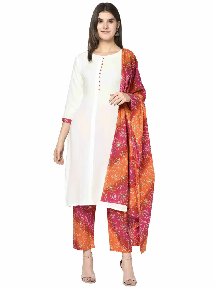 ERISHA Women's Rayon Straight Kurta Pant Set With Dupatta (ER2102WbandejKPD_White)