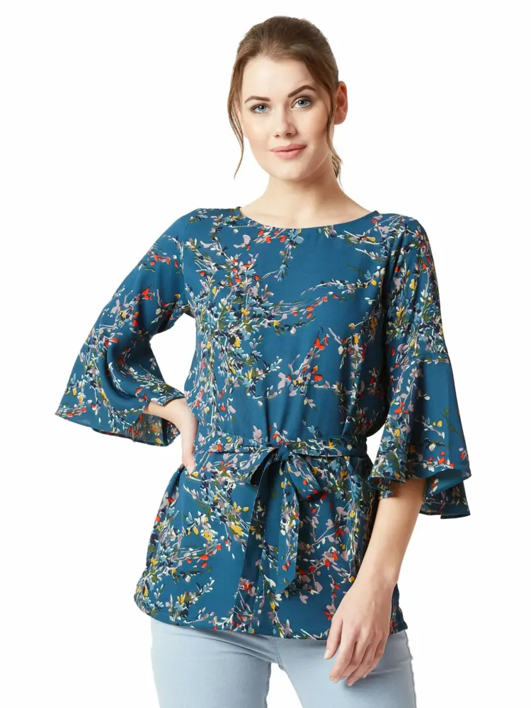 Miss Chase Women's Turquoise Floral Boat Neck 3/4 Ruffled Sleeve Long Tie-Up Top
