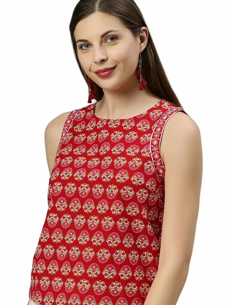 Janasya Women's Red Cotton Floral Print Regular Top