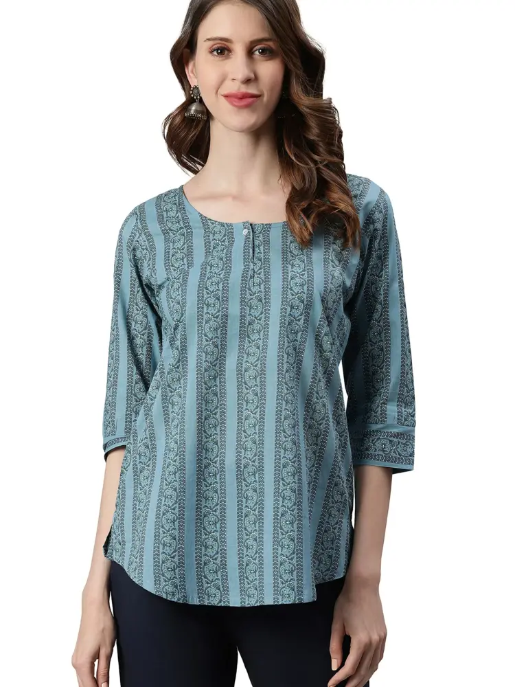 Janasya Women's Blue Cotton Tunic