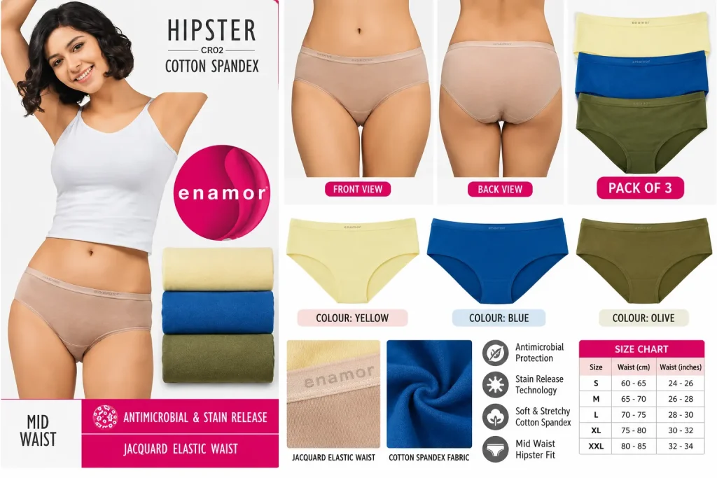 Enamor Hipster CR02 Cotton Spandex Mid-Waist Panty – Pack of 3
