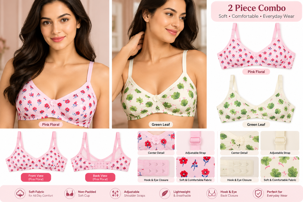 Desire Women's Floral Print Bra Combo – Pink & Green (Pack of 2)