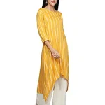 Fabclub Women Rayon Striped Asymmetric Flared Kurti With Palazzo (Mustard Yellow)