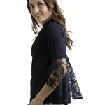 Miss Chase Women's Navy Blue Round Neck 3/4 Sleeves Solid Lace Semi Sheer Split Sleeve Choker Style Top