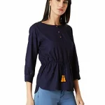 Miss Chase Women's Fusion Wear Navy Blue Waist Tie-Up Asymmetric Top