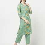 ERISHA Women's Pure Cotton Printed Kurta with palazzo and Dupatta(Aqua Green Printed_Small)