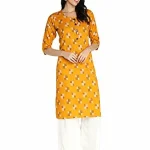 Fabclub Women Rayon Printed Straight Kurti With Palazzo (Mustard Yellow_Medium)