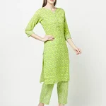 ERISHA Women's Pure Cotton Printed Kurta with pant Set with Dupatta(Green_Medium)