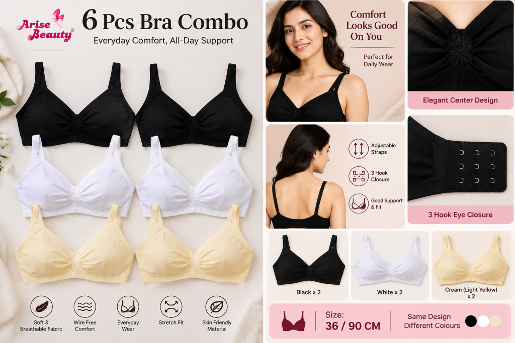 Arise Beauty Women's Bra Combo Pack of 6 – Black, White & Cream-36/90cm