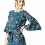 Miss Chase Women's Turquoise Floral Boat Neck 3/4 Ruffled Sleeve Long Tie-Up Top