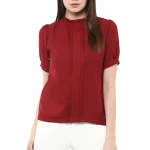 Miss Chase Women's Maroon High Neck Pleated Top